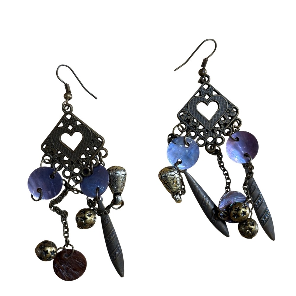 Boho Antique Bronze Heart Filigree Dangle Earrings Purple Shell Charms Boho